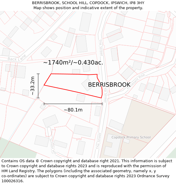 BERRISBROOK, SCHOOL HILL, COPDOCK, IPSWICH, IP8 3HY: Plot and title map