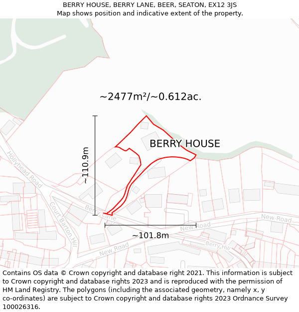 BERRY HOUSE, BERRY LANE, BEER, SEATON, EX12 3JS: Plot and title map