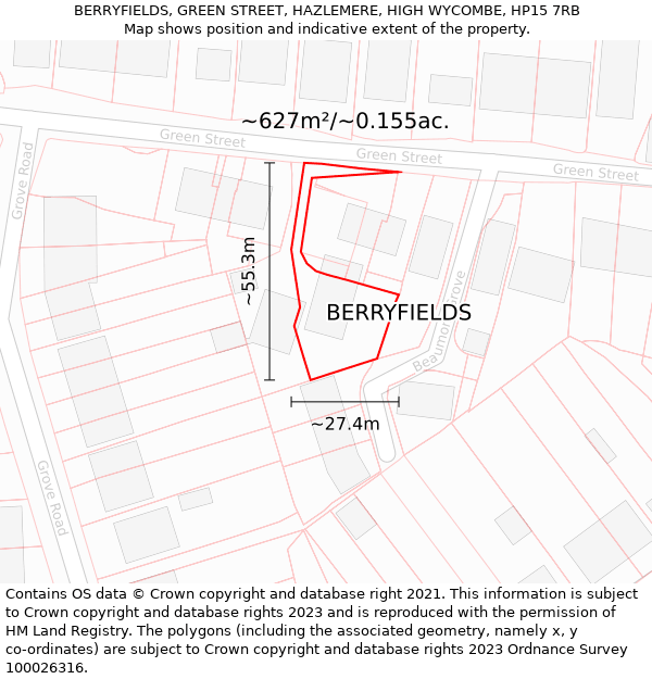 BERRYFIELDS, GREEN STREET, HAZLEMERE, HIGH WYCOMBE, HP15 7RB: Plot and title map