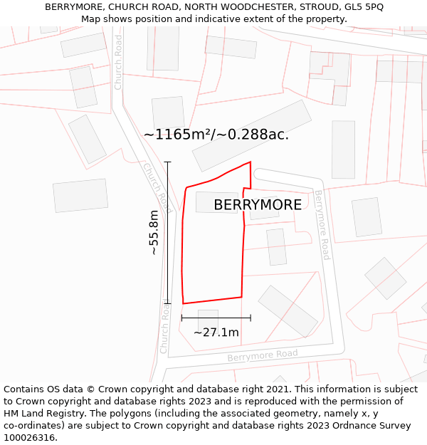 BERRYMORE, CHURCH ROAD, NORTH WOODCHESTER, STROUD, GL5 5PQ: Plot and title map
