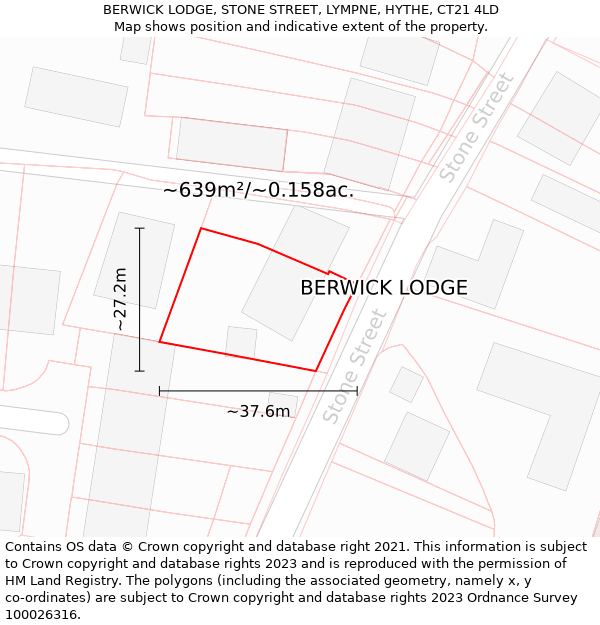 BERWICK LODGE, STONE STREET, LYMPNE, HYTHE, CT21 4LD: Plot and title map