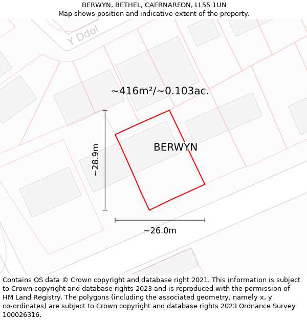 BERWYN, BETHEL, CAERNARFON, LL55 1UN: Plot and title map