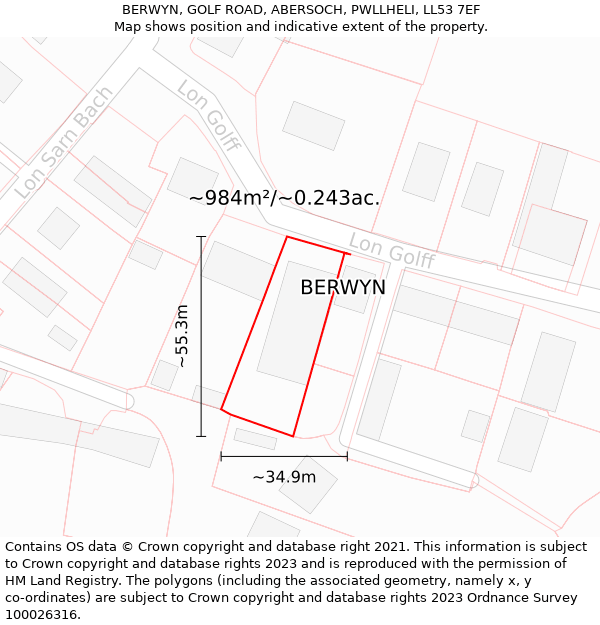 BERWYN, GOLF ROAD, ABERSOCH, PWLLHELI, LL53 7EF: Plot and title map