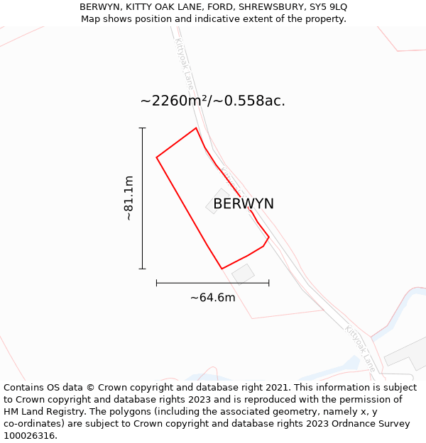 BERWYN, KITTY OAK LANE, FORD, SHREWSBURY, SY5 9LQ: Plot and title map