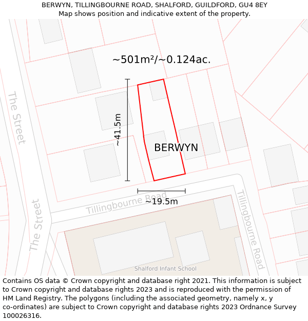 BERWYN, TILLINGBOURNE ROAD, SHALFORD, GUILDFORD, GU4 8EY: Plot and title map