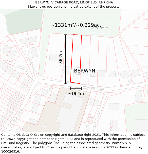 BERWYN, VICARAGE ROAD, LINGFIELD, RH7 6HA: Plot and title map