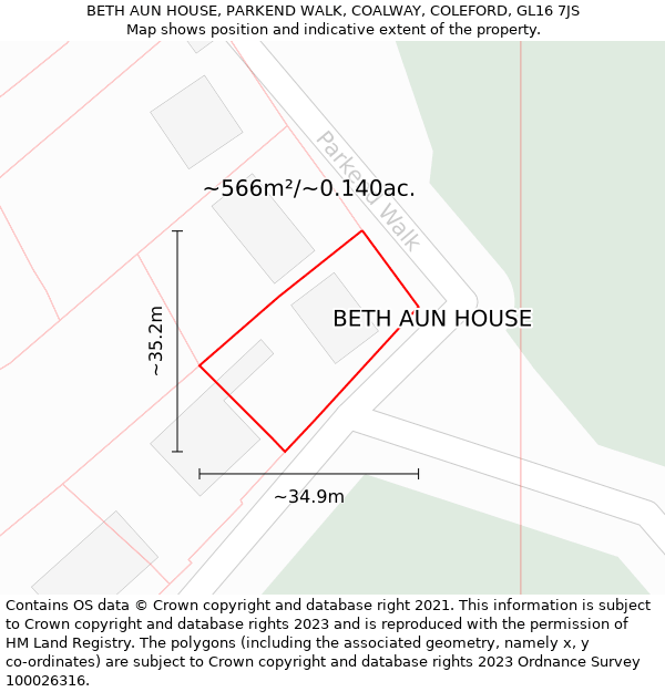 BETH AUN HOUSE, PARKEND WALK, COALWAY, COLEFORD, GL16 7JS: Plot and title map