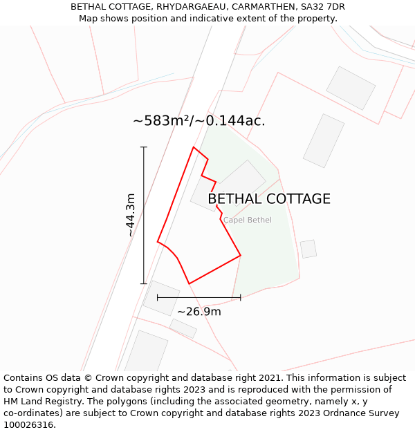 BETHAL COTTAGE, RHYDARGAEAU, CARMARTHEN, SA32 7DR: Plot and title map