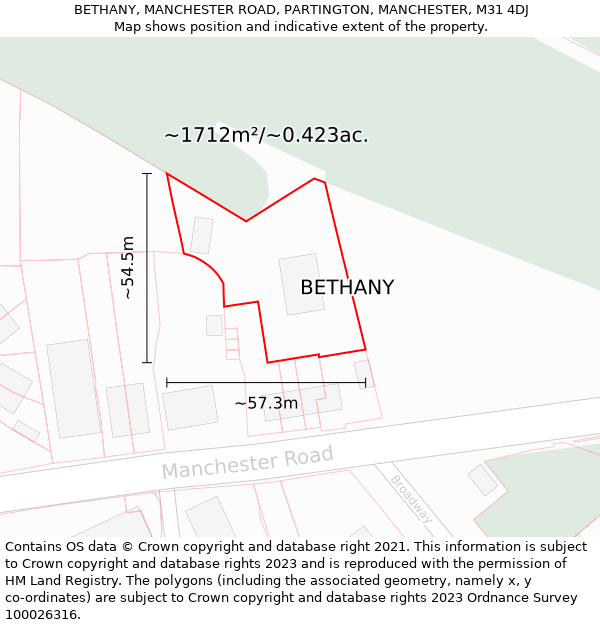 BETHANY, MANCHESTER ROAD, PARTINGTON, MANCHESTER, M31 4DJ: Plot and title map