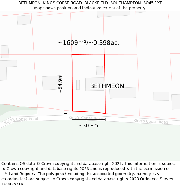 BETHMEON, KINGS COPSE ROAD, BLACKFIELD, SOUTHAMPTON, SO45 1XF: Plot and title map