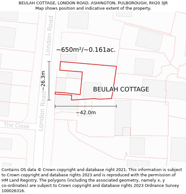 BEULAH COTTAGE, LONDON ROAD, ASHINGTON, PULBOROUGH, RH20 3JR: Plot and title map