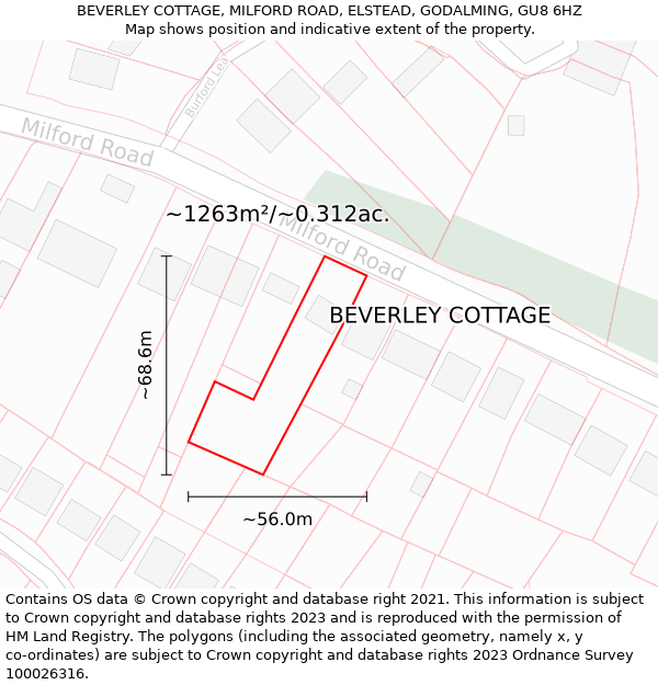 BEVERLEY COTTAGE, MILFORD ROAD, ELSTEAD, GODALMING, GU8 6HZ: Plot and title map