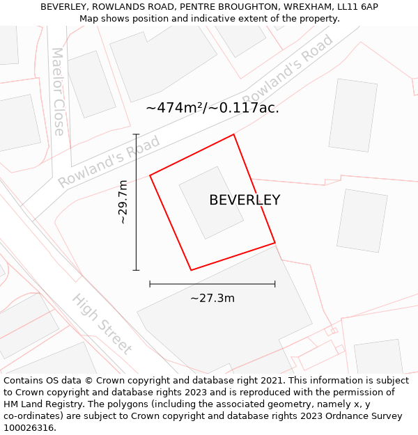 BEVERLEY, ROWLANDS ROAD, PENTRE BROUGHTON, WREXHAM, LL11 6AP: Plot and title map