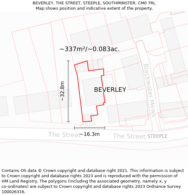 BEVERLEY, THE STREET, STEEPLE, SOUTHMINSTER, CM0 7RL: Plot and title map