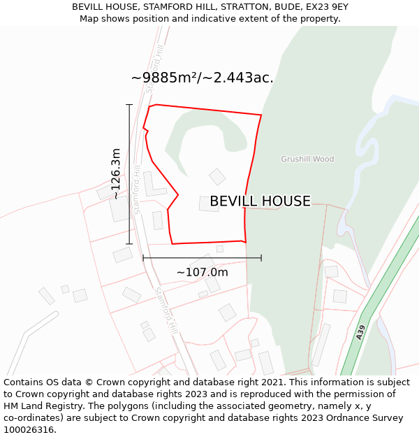 BEVILL HOUSE, STAMFORD HILL, STRATTON, BUDE, EX23 9EY: Plot and title map