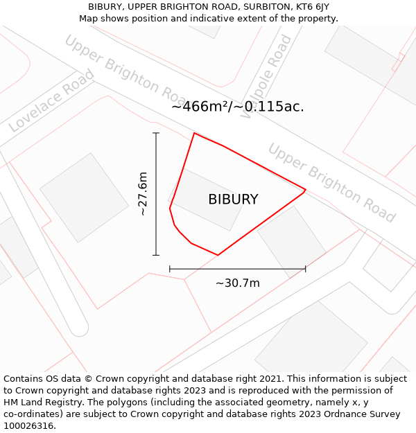 BIBURY, UPPER BRIGHTON ROAD, SURBITON, KT6 6JY: Plot and title map