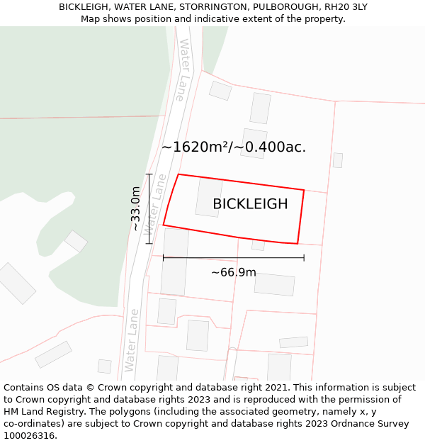 BICKLEIGH, WATER LANE, STORRINGTON, PULBOROUGH, RH20 3LY: Plot and title map