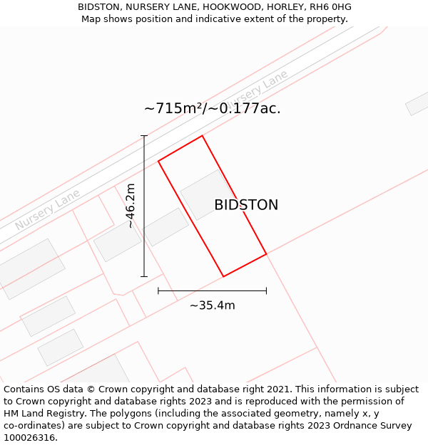 BIDSTON, NURSERY LANE, HOOKWOOD, HORLEY, RH6 0HG: Plot and title map