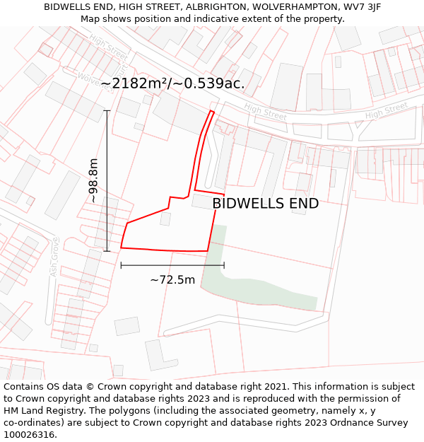 BIDWELLS END, HIGH STREET, ALBRIGHTON, WOLVERHAMPTON, WV7 3JF: Plot and title map