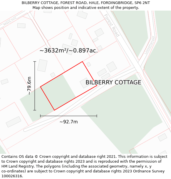 BILBERRY COTTAGE, FOREST ROAD, HALE, FORDINGBRIDGE, SP6 2NT: Plot and title map