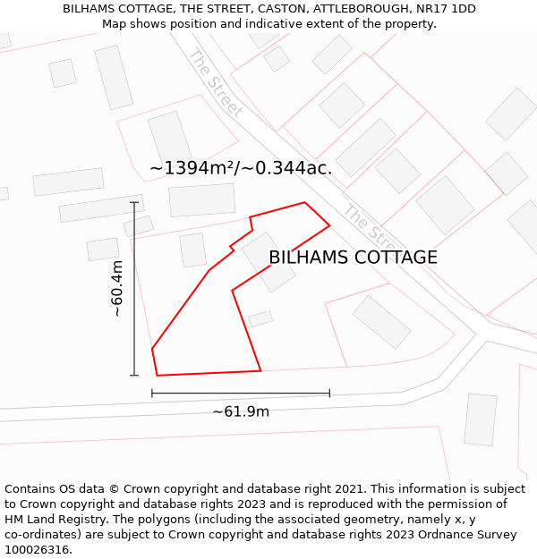BILHAMS COTTAGE, THE STREET, CASTON, ATTLEBOROUGH, NR17 1DD: Plot and title map