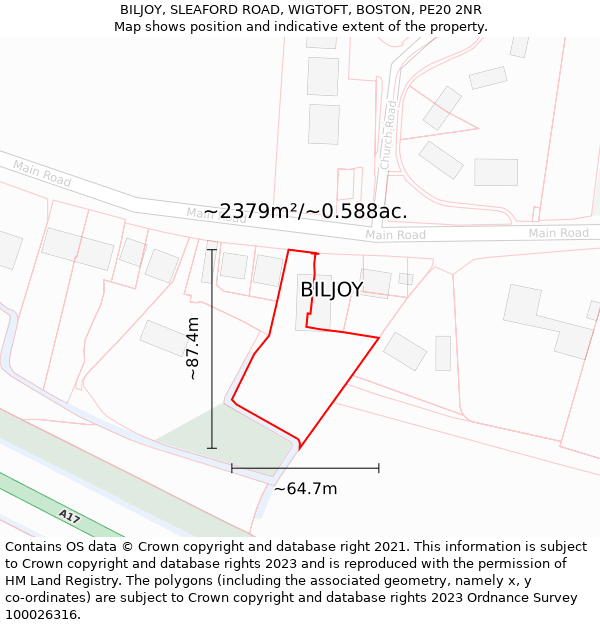 BILJOY, SLEAFORD ROAD, WIGTOFT, BOSTON, PE20 2NR: Plot and title map