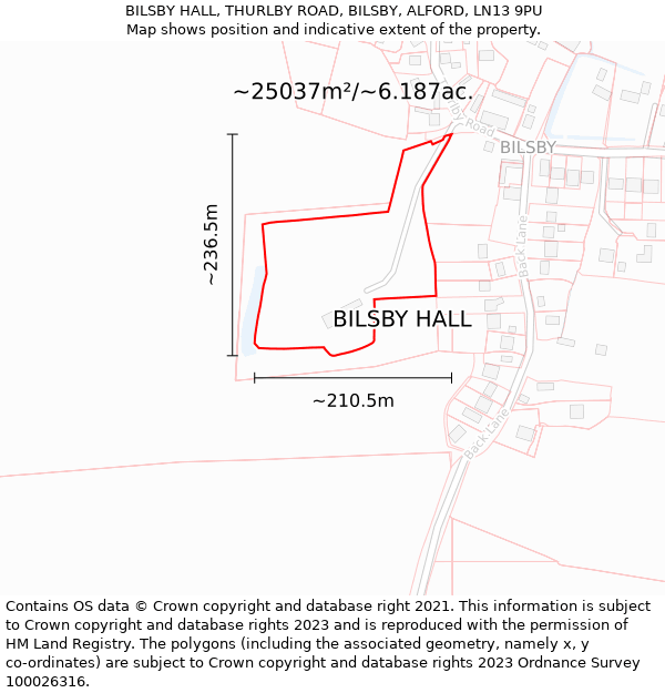 BILSBY HALL, THURLBY ROAD, BILSBY, ALFORD, LN13 9PU: Plot and title map