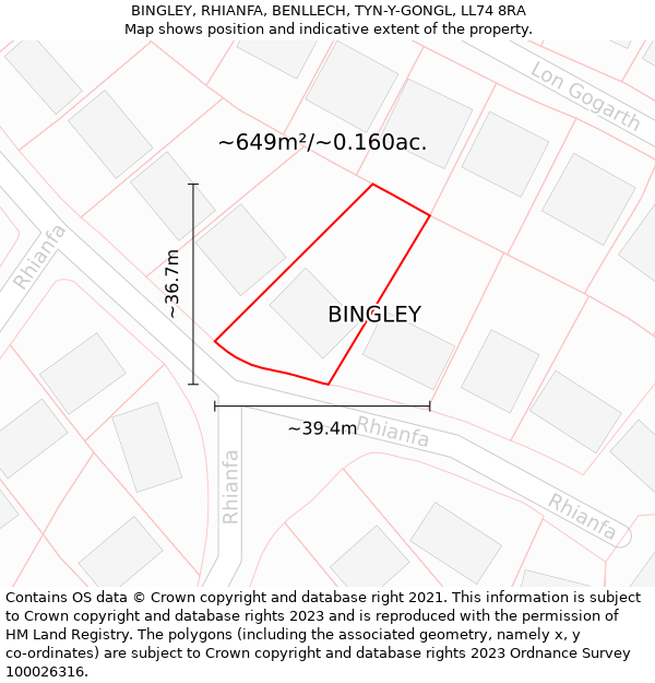 BINGLEY, RHIANFA, BENLLECH, TYN-Y-GONGL, LL74 8RA: Plot and title map