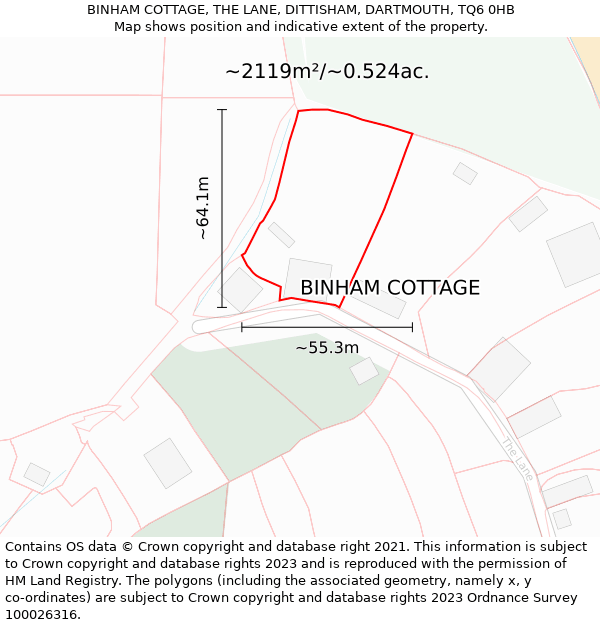 BINHAM COTTAGE, THE LANE, DITTISHAM, DARTMOUTH, TQ6 0HB: Plot and title map