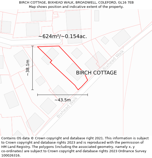 BIRCH COTTAGE, BIXHEAD WALK, BROADWELL, COLEFORD, GL16 7EB: Plot and title map