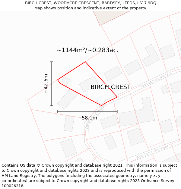 BIRCH CREST, WOODACRE CRESCENT, BARDSEY, LEEDS, LS17 9DQ: Plot and title map