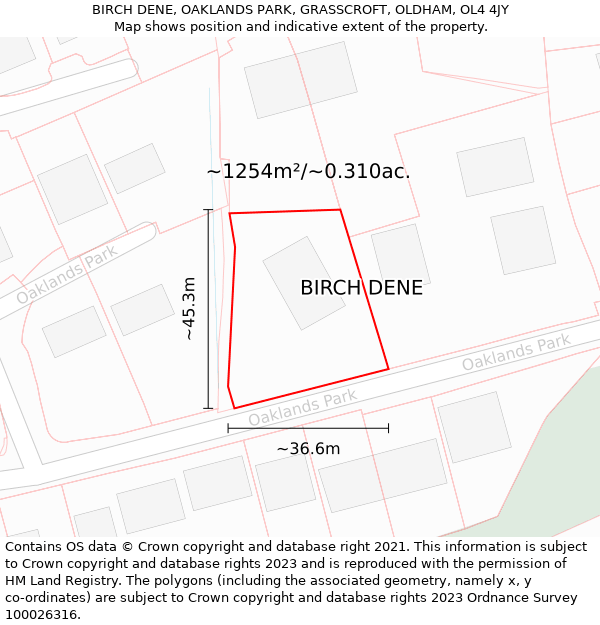 BIRCH DENE, OAKLANDS PARK, GRASSCROFT, OLDHAM, OL4 4JY: Plot and title map