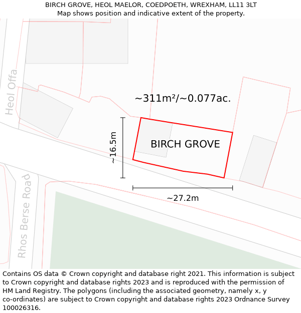 BIRCH GROVE, HEOL MAELOR, COEDPOETH, WREXHAM, LL11 3LT: Plot and title map