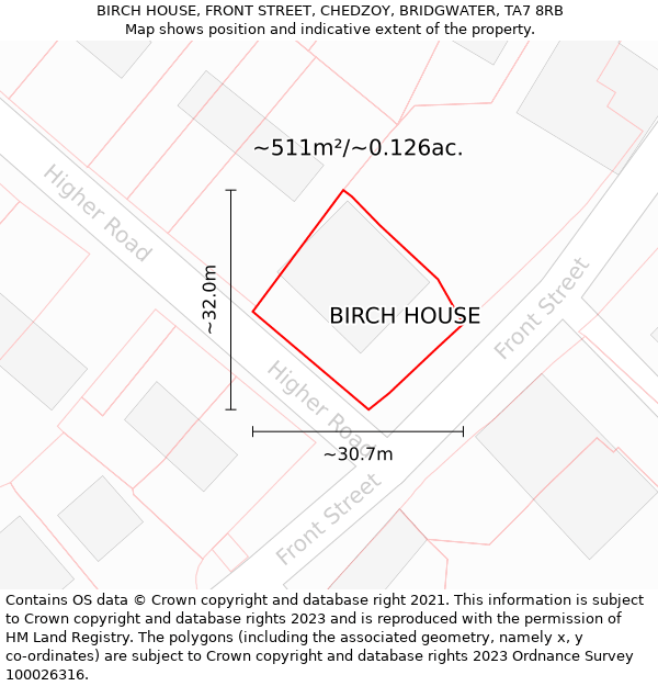 BIRCH HOUSE, FRONT STREET, CHEDZOY, BRIDGWATER, TA7 8RB: Plot and title map