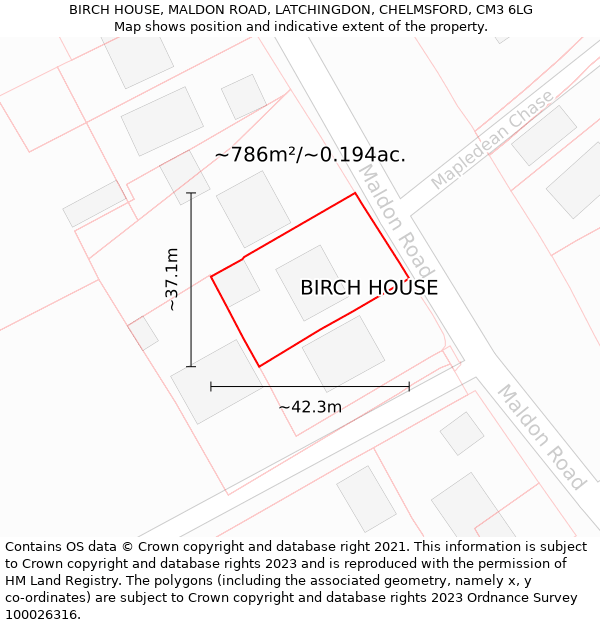 BIRCH HOUSE, MALDON ROAD, LATCHINGDON, CHELMSFORD, CM3 6LG: Plot and title map