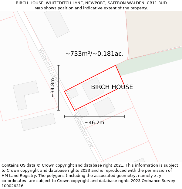 BIRCH HOUSE, WHITEDITCH LANE, NEWPORT, SAFFRON WALDEN, CB11 3UD: Plot and title map