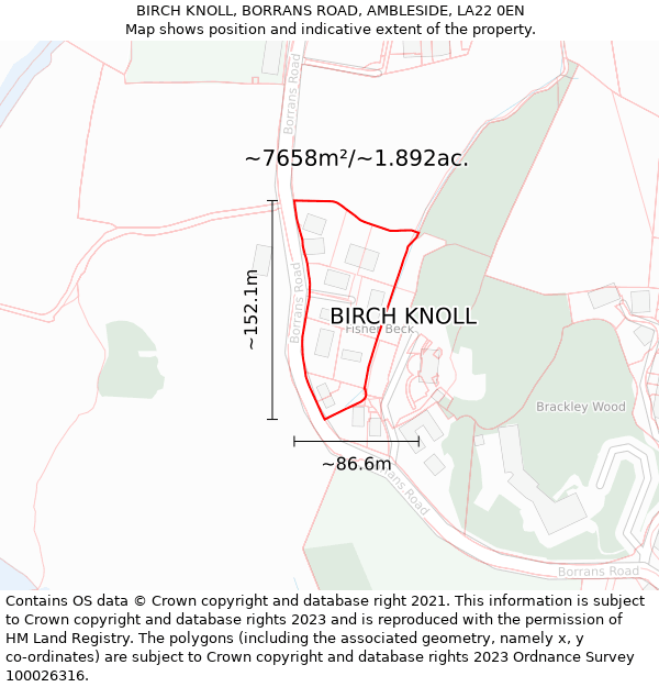 BIRCH KNOLL, BORRANS ROAD, AMBLESIDE, LA22 0EN: Plot and title map