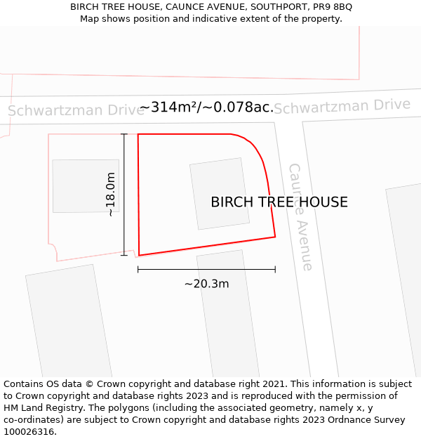 BIRCH TREE HOUSE, CAUNCE AVENUE, SOUTHPORT, PR9 8BQ: Plot and title map
