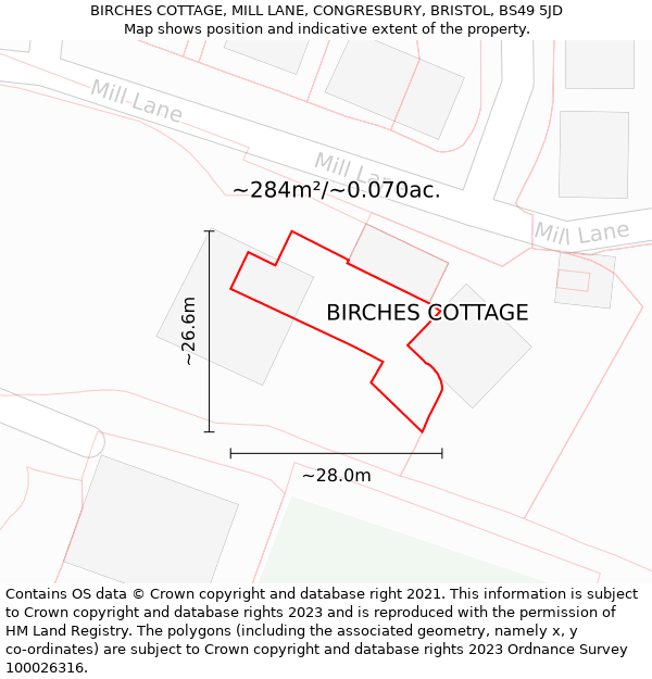 BIRCHES COTTAGE, MILL LANE, CONGRESBURY, BRISTOL, BS49 5JD: Plot and title map