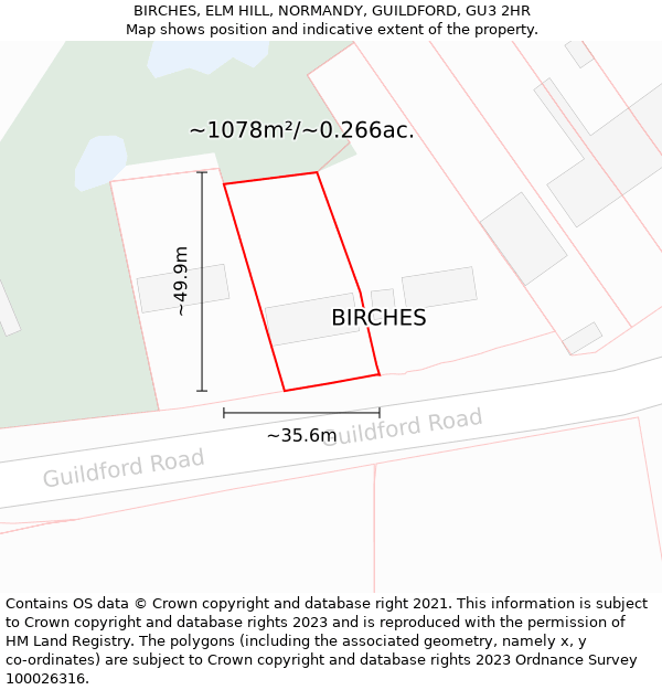 BIRCHES, ELM HILL, NORMANDY, GUILDFORD, GU3 2HR: Plot and title map