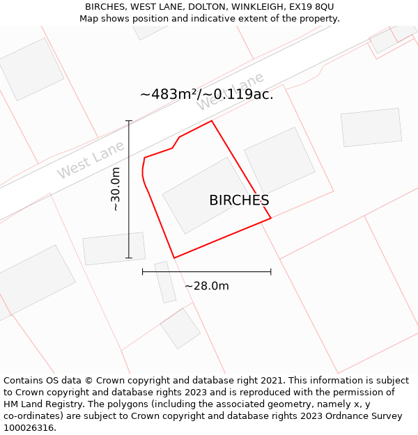 BIRCHES, WEST LANE, DOLTON, WINKLEIGH, EX19 8QU: Plot and title map