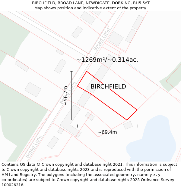 BIRCHFIELD, BROAD LANE, NEWDIGATE, DORKING, RH5 5AT: Plot and title map