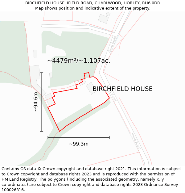 BIRCHFIELD HOUSE, IFIELD ROAD, CHARLWOOD, HORLEY, RH6 0DR: Plot and title map