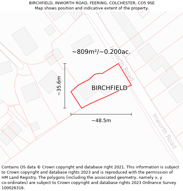 BIRCHFIELD, INWORTH ROAD, FEERING, COLCHESTER, CO5 9SE: Plot and title map
