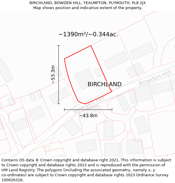 BIRCHLAND, BOWDEN HILL, YEALMPTON, PLYMOUTH, PL8 2JX: Plot and title map