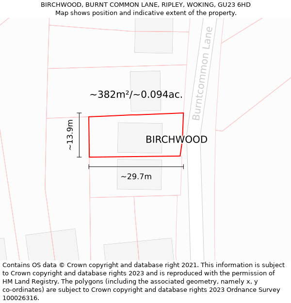 BIRCHWOOD, BURNT COMMON LANE, RIPLEY, WOKING, GU23 6HD: Plot and title map