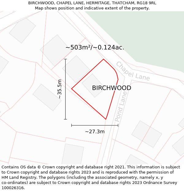 BIRCHWOOD, CHAPEL LANE, HERMITAGE, THATCHAM, RG18 9RL: Plot and title map
