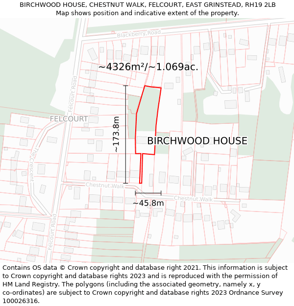 BIRCHWOOD HOUSE, CHESTNUT WALK, FELCOURT, EAST GRINSTEAD, RH19 2LB: Plot and title map