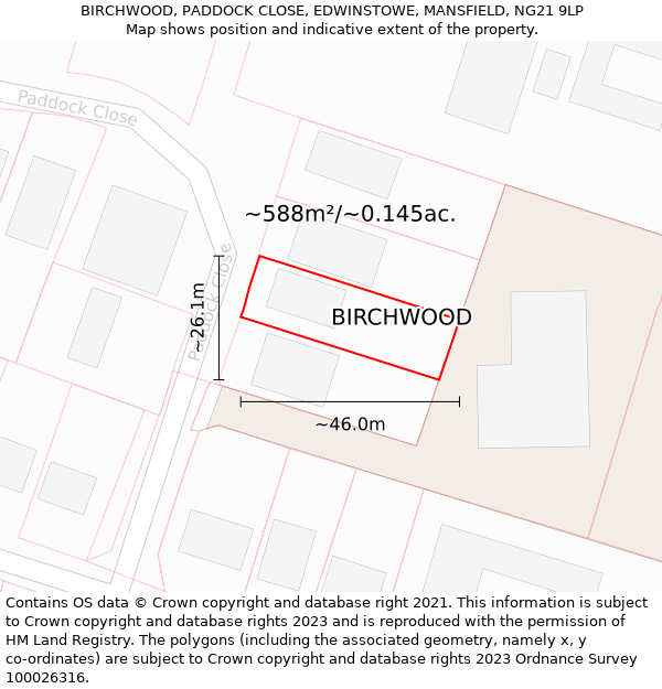 BIRCHWOOD, PADDOCK CLOSE, EDWINSTOWE, MANSFIELD, NG21 9LP: Plot and title map