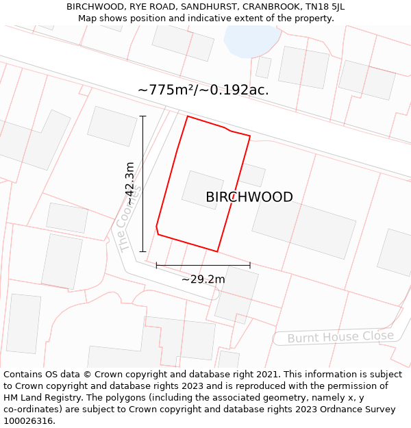 BIRCHWOOD, RYE ROAD, SANDHURST, CRANBROOK, TN18 5JL: Plot and title map